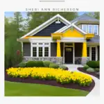 A house with yellow trim and yellow flowers planted out front.