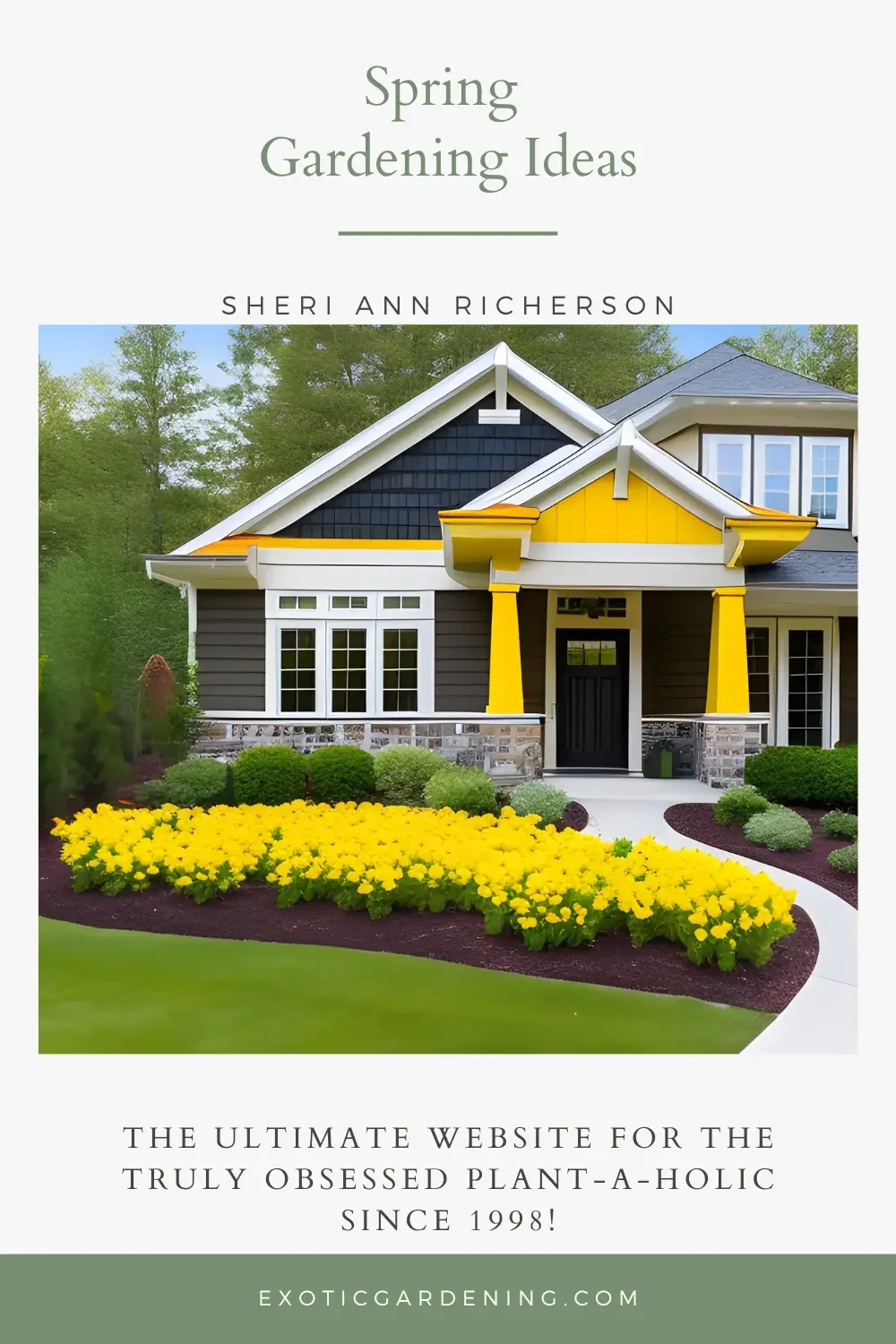 A house with yellow trim and yellow flowers planted out front.