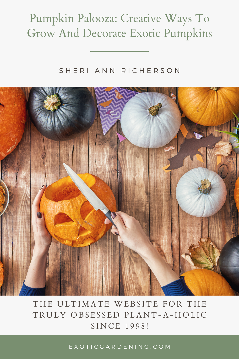 Various exotic pumpkins being carved.