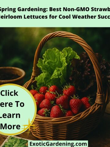 A wicker basket overflowing with strawberries and lettuces on a garden table surrounded by tools and seed packets in soft morning light.