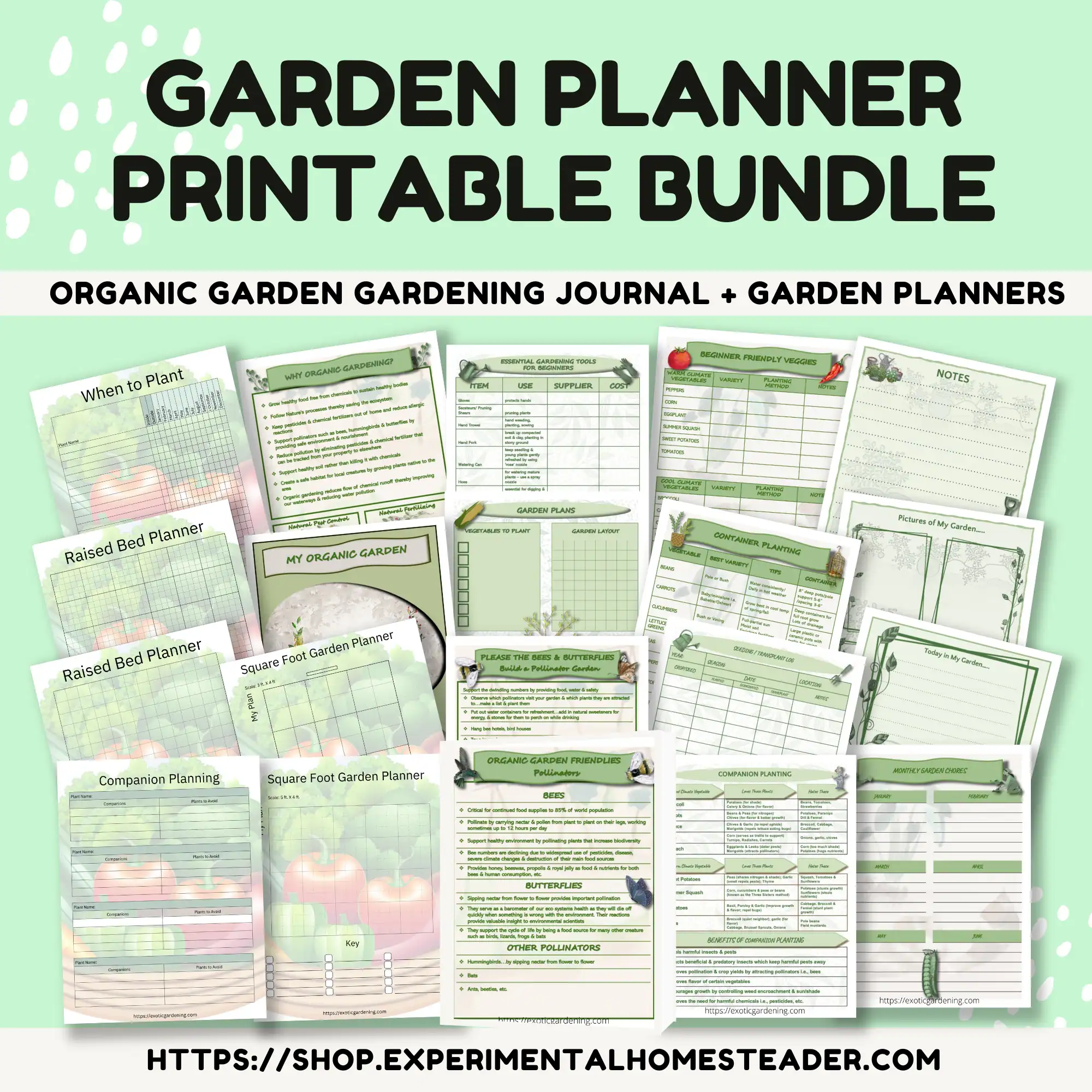 Flat lay image of the Garden Planner Printable Bundle showing multiple green and cream-colored gardening planner pages, including layouts for raised beds, square foot gardens, companion planting, pollinator guides, and notes. Text at the top reads “Garden Planner Printable Bundle - Organic Garden Gardening Journal + Garden Planners.”