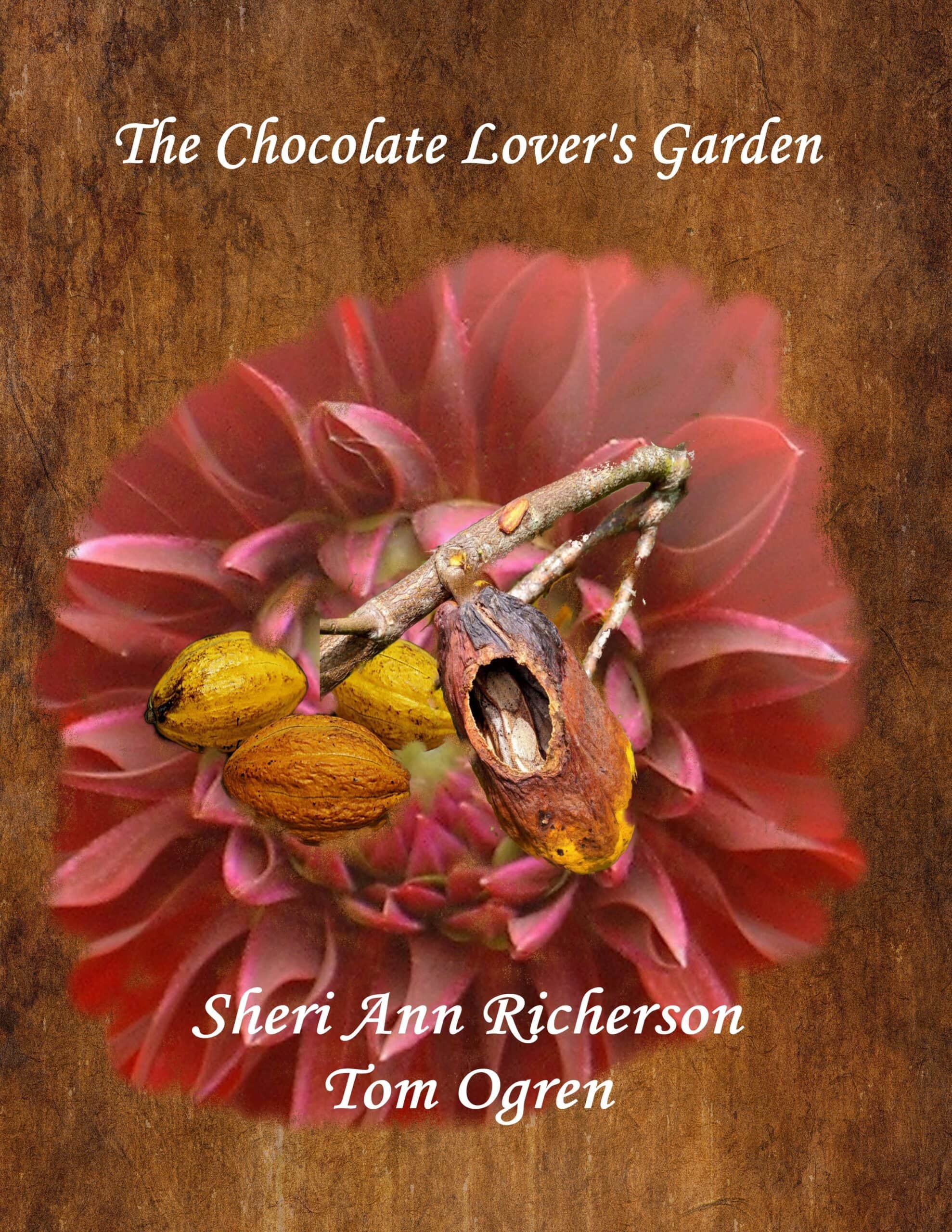 Book cover of The Chocolate Lover’s Garden by Sheri Ann Richerson and Tom Ogren, featuring cacao pods and a dried cacao pod set against a deep red flower on a textured brown background.