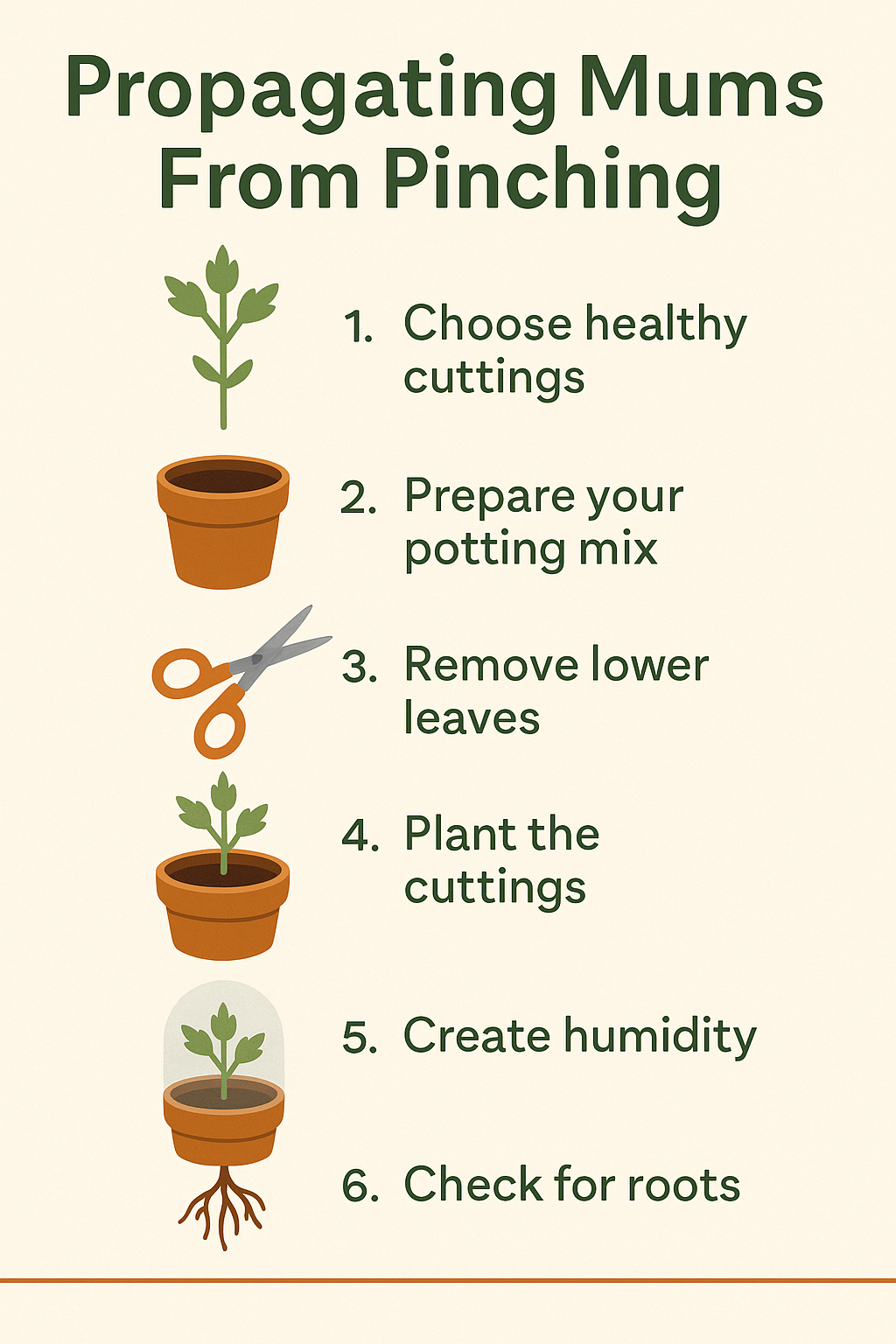 Infographic titled ‘Propagating Mums From Pinching’ with six illustrated steps: select cuttings, prepare soil, remove lower leaves, plant in pot, cover to create humidity, and check for roots.