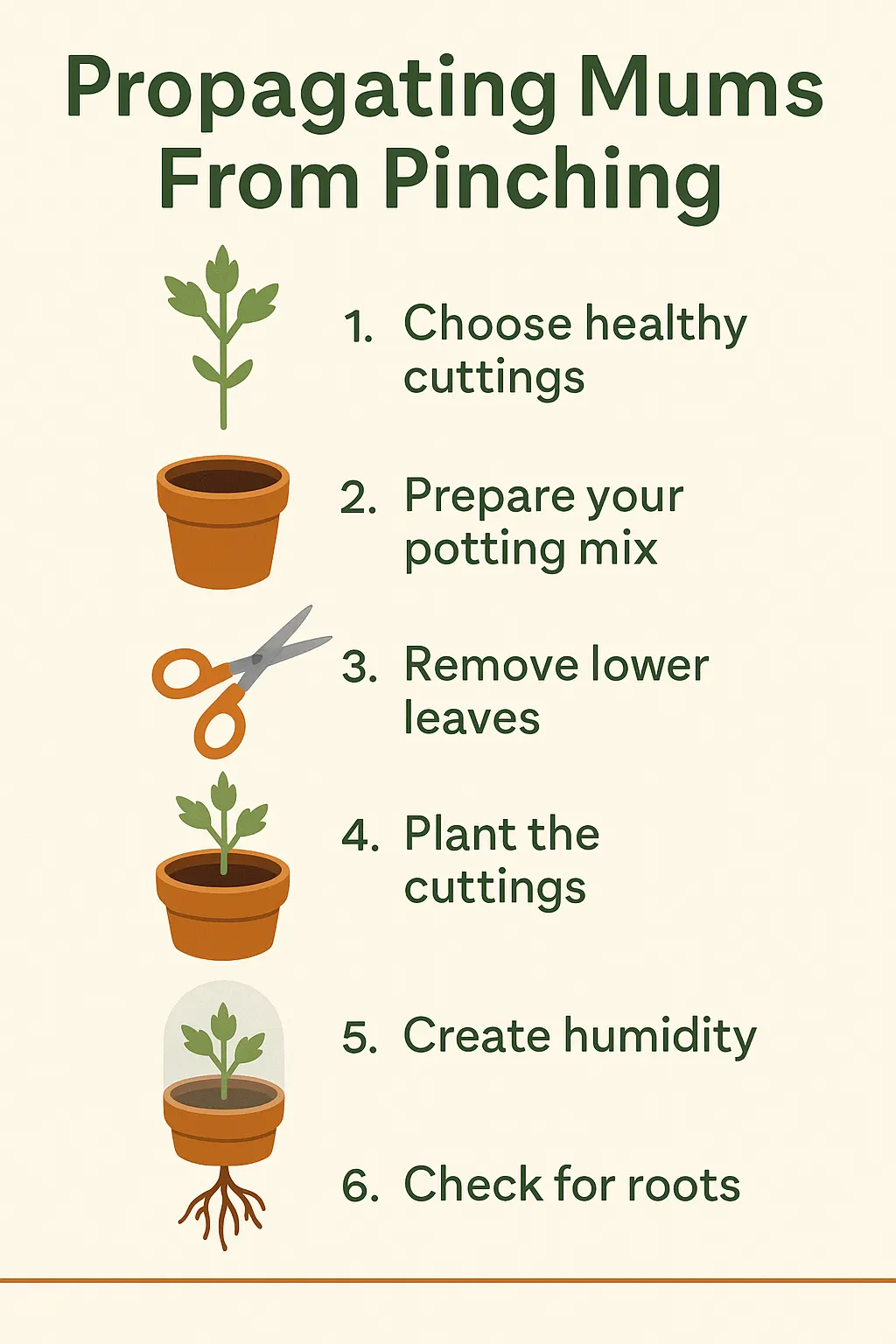 Infographic titled ‘Propagating Mums From Pinching’ with six illustrated steps: select cuttings, prepare soil, remove lower leaves, plant in pot, cover to create humidity, and check for roots.