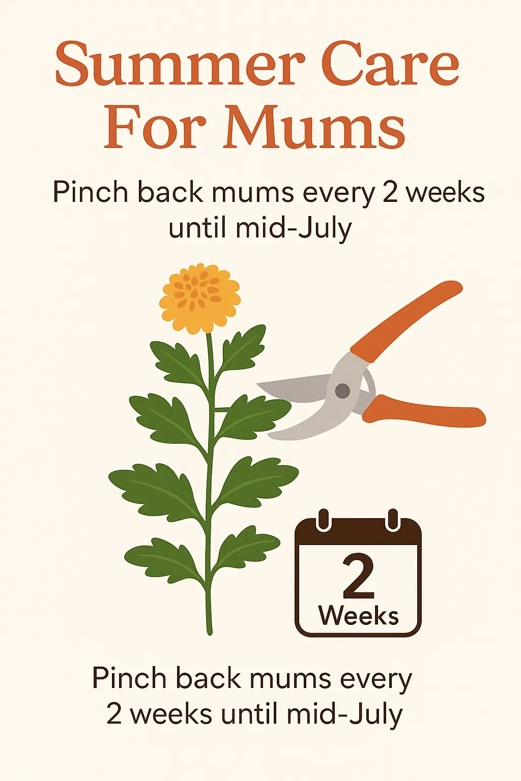 Infographic titled ‘Summer Care for Mums’ showing a blooming chrysanthemum, pruning shears, and a calendar icon. Text advises to pinch back mums every two weeks until mid-July.