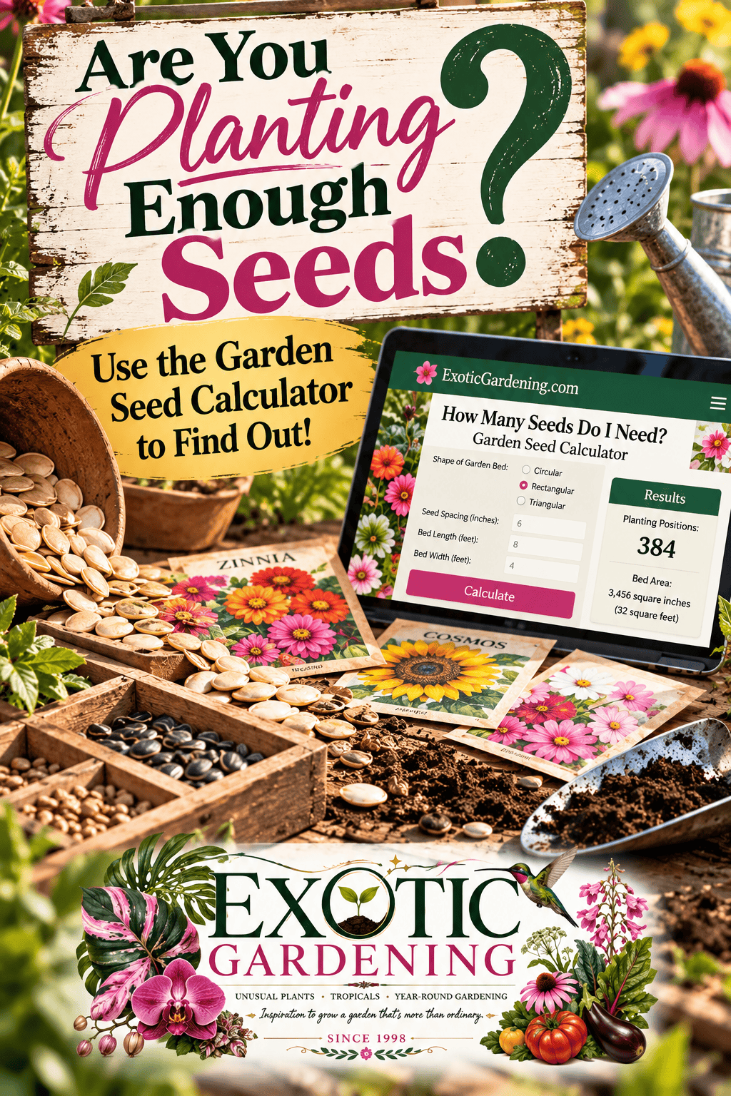Are You Planting Enough Seeds Pinterest graphic with seeds, garden tools and the Exotic Gardening Garden Seed Calculator displayed on a tablet.