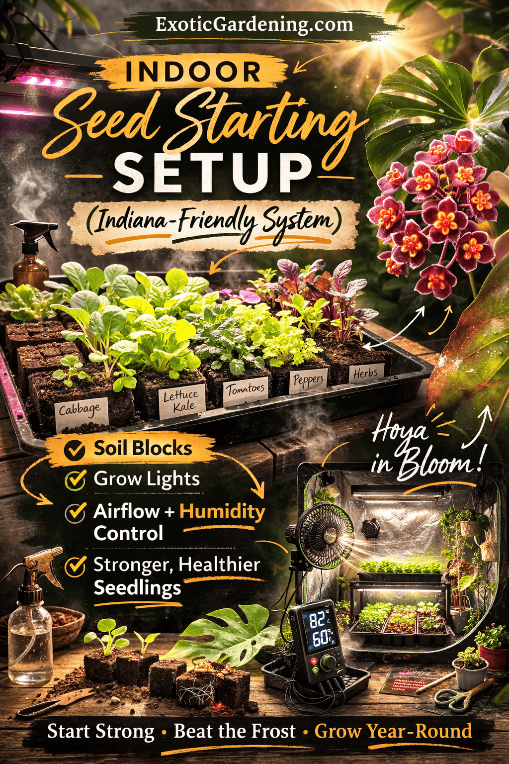 Best indoor seed starting setup for Indiana Zone 5-6 gardeners with soil blocks, grow lights, humidity control and temperature monitor.