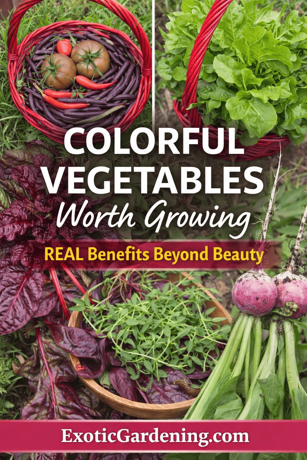 Colorful vegetables worth growing including purple beans, heirloom tomatoes, red chili peppers, rainbow chard, fresh herbs, and watermelon radishes in rustic baskets.