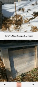 The top photo shows a compost pile covered in snow with a pitchfork in front of it. The bottom photo shows a wood compost bin.