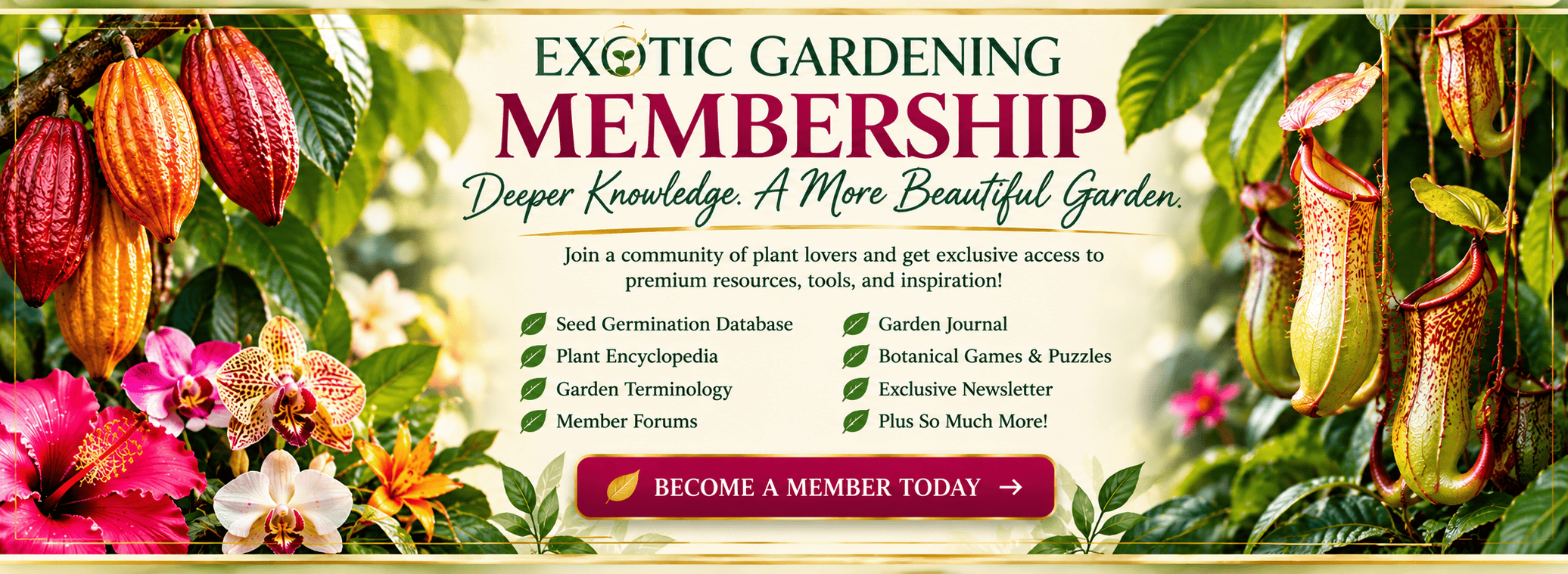Exotic Gardening membership featuring seed germination database, plant encyclopedia, garden journal, member forums, botanical games and other member resources