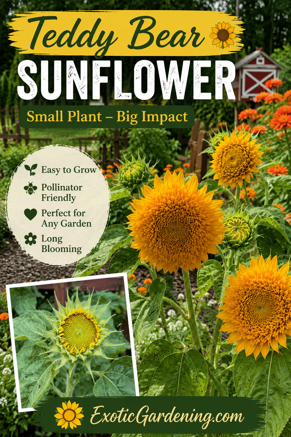 Pinterest infographic showing Teddy Bear sunflower blooms and flower buds with growing tips including easy to grow, pollinator friendly, perfect for gardens, and long blooming.