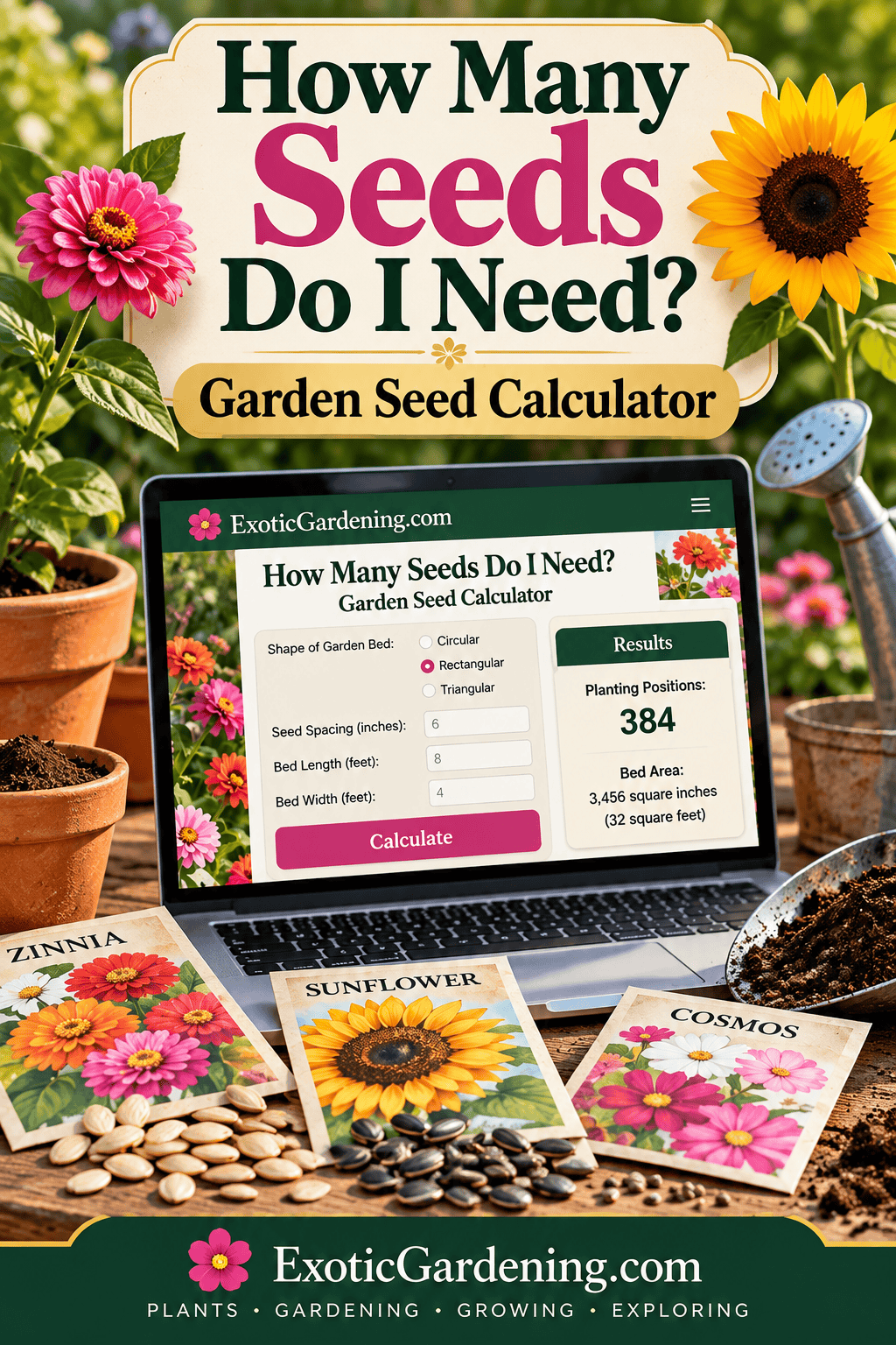 How Many Seeds Do I Need Pinterest graphic showing the Exotic Gardening seed calculator with garden bed measurements and calculated planting positions.