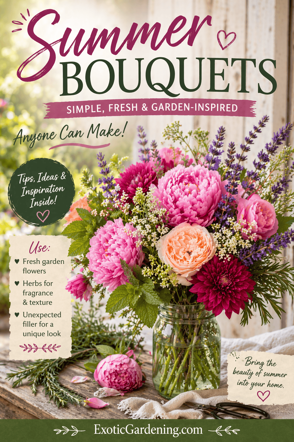 Summer bouquet made with garden flowers and herbs displayed in a mason jar on a rustic wooden table.