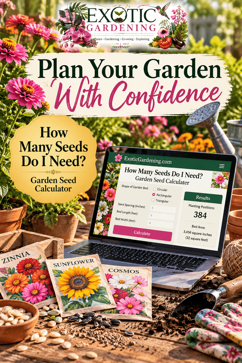 Plan Your Garden With Confidence Pinterest graphic featuring the Exotic Gardening seed calculator on a laptop in a colorful garden workspace with seeds and flower packets.