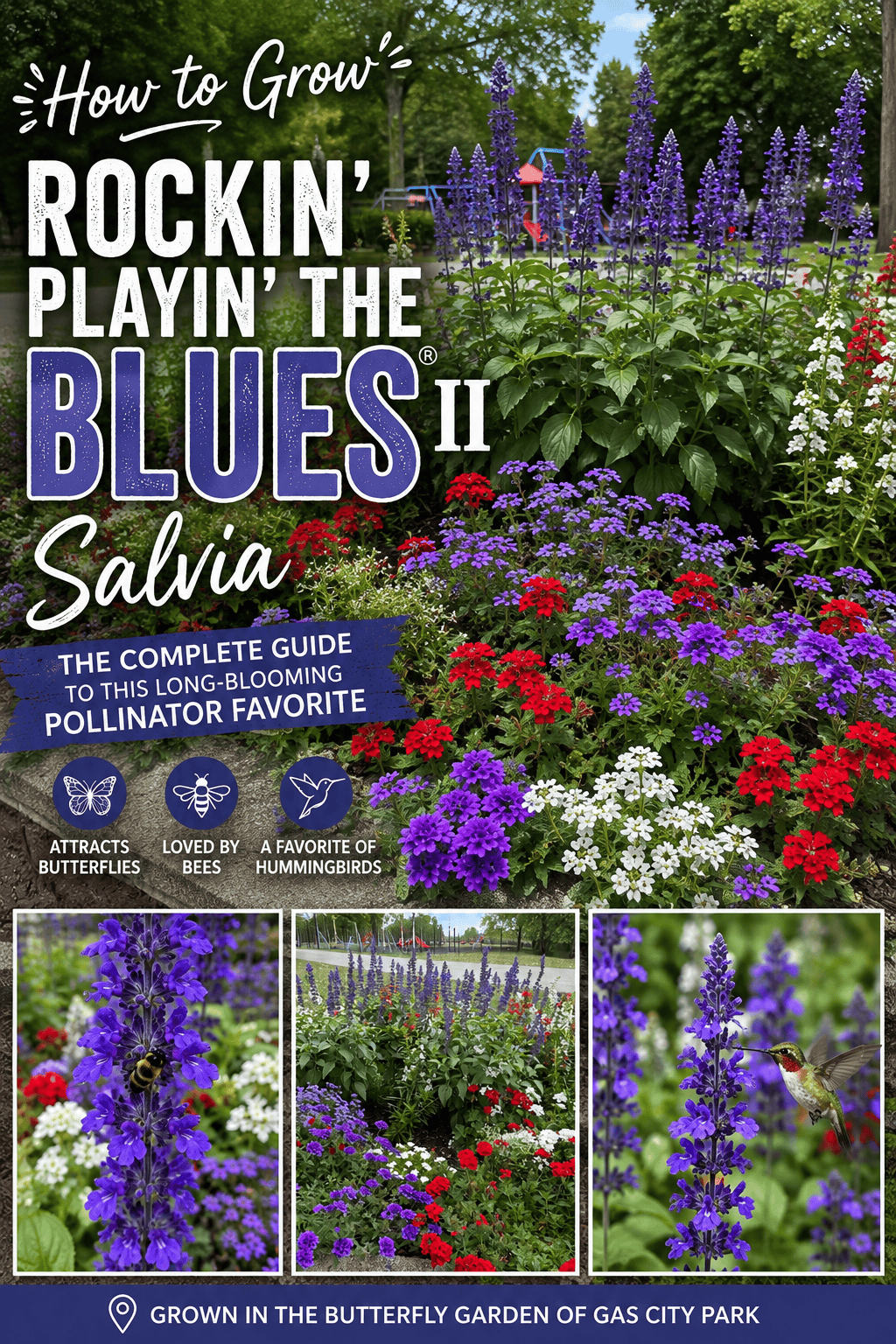 Rockin' Playin' the Blues® II Salvia growing among red, white, blue, and purple flowers in the Butterfly Garden of Gas City Park.