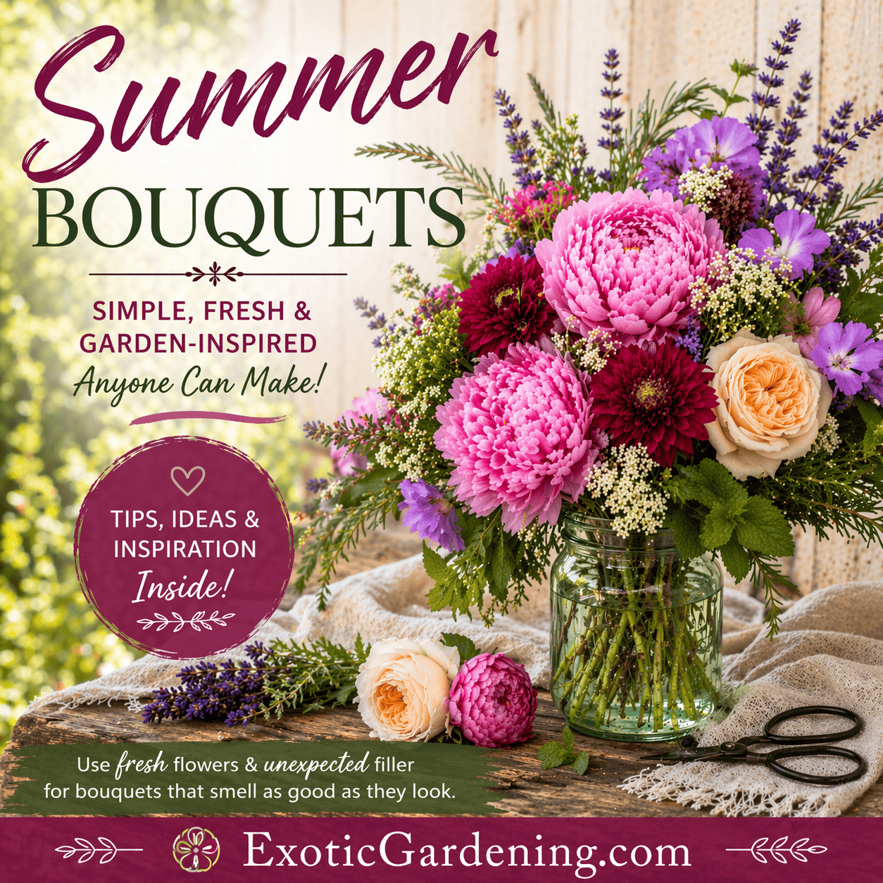 Garden-inspired summer bouquet with peonies, roses, and dahlias arranged in a mason jar with herbs.