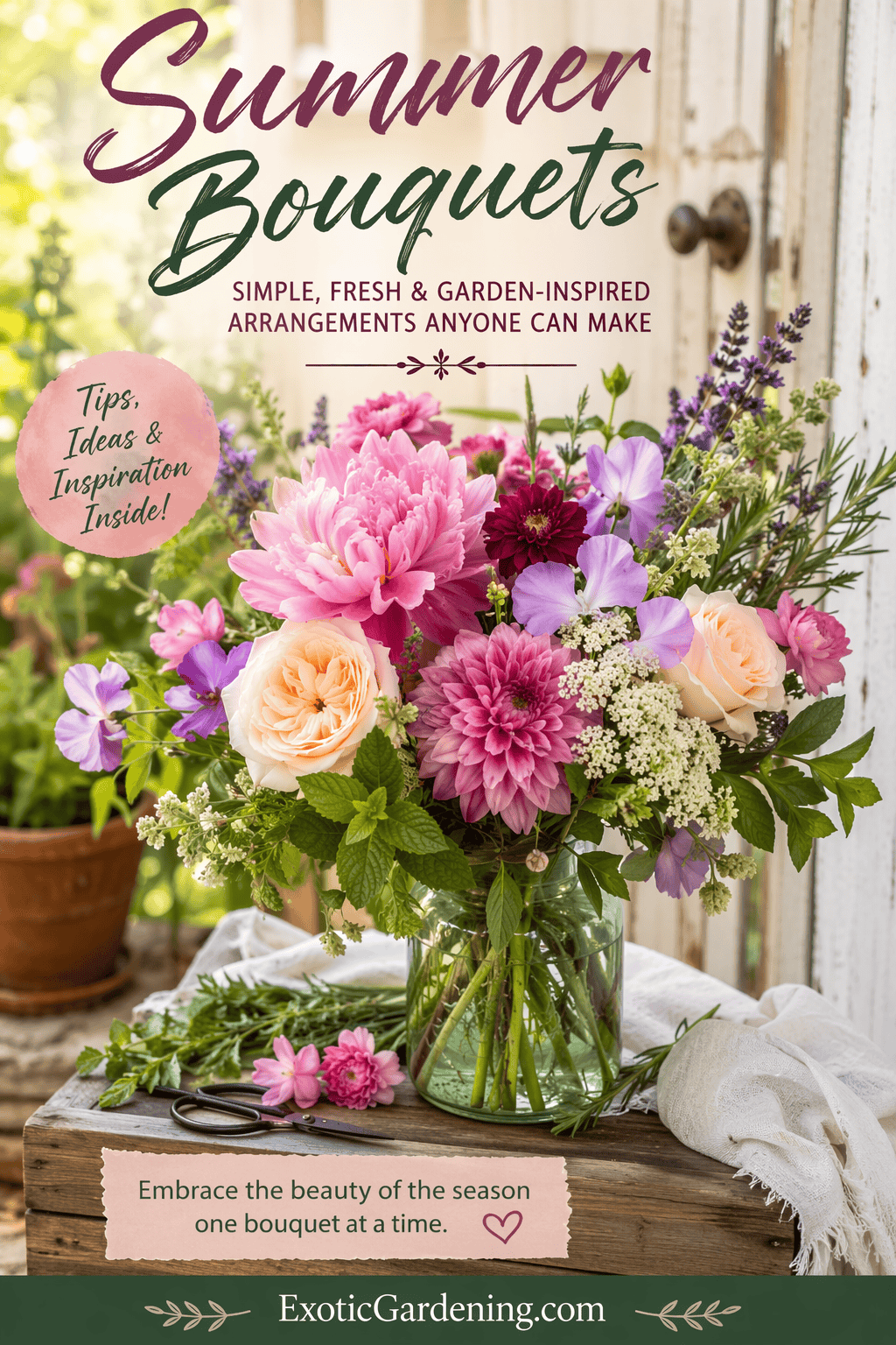 A fresh summer bouquet in a mason jar featuring peonies, roses, dahlias, and herbs arranged in a rustic garden setting.