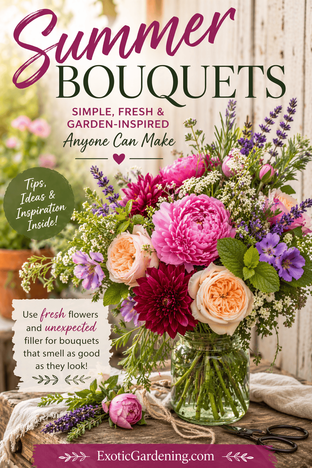 Colorful summer bouquet with peonies, roses, and herbs used as natural filler in a mason jar vase.