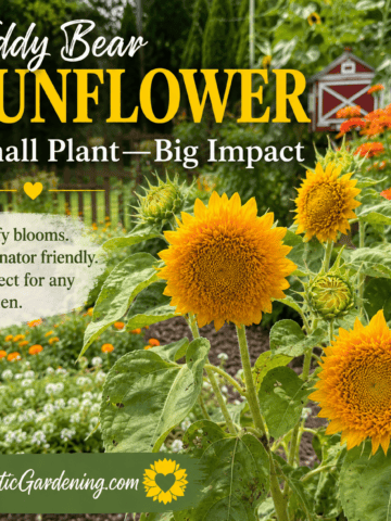 Pinterest graphic featuring Teddy Bear sunflowers growing in the Garfield-themed Children's Garden at Matter Park with fluffy golden blooms, companion flowers, and ExoticGardening.com branding.
