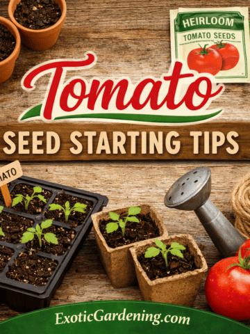 Tomato seedlings growing in trays and peat pots with heirloom tomato seeds and gardening tools