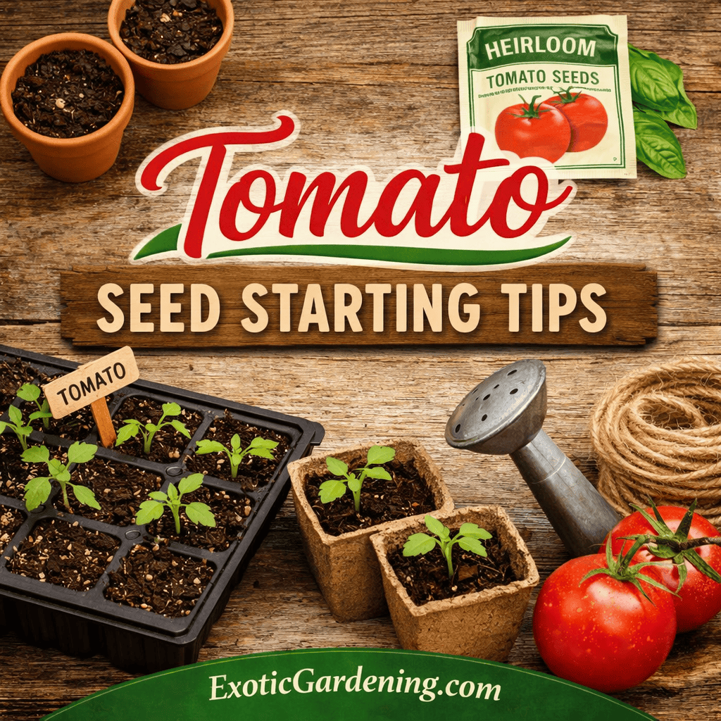 Tomato seedlings growing in trays and peat pots with heirloom tomato seeds and gardening tools
