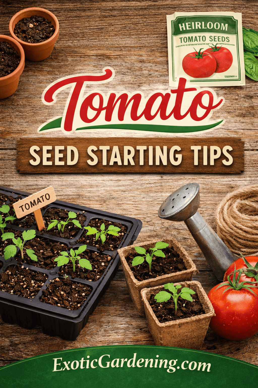 Stages of tomato seed starting from germination to young plants growing in containers
