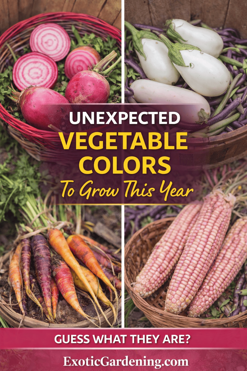 Pinterest graphic titled “Unexpected Vegetable Colors to Grow This Year” featuring purple beans, rainbow carrots, red-stemmed greens, and heirloom tomatoes.