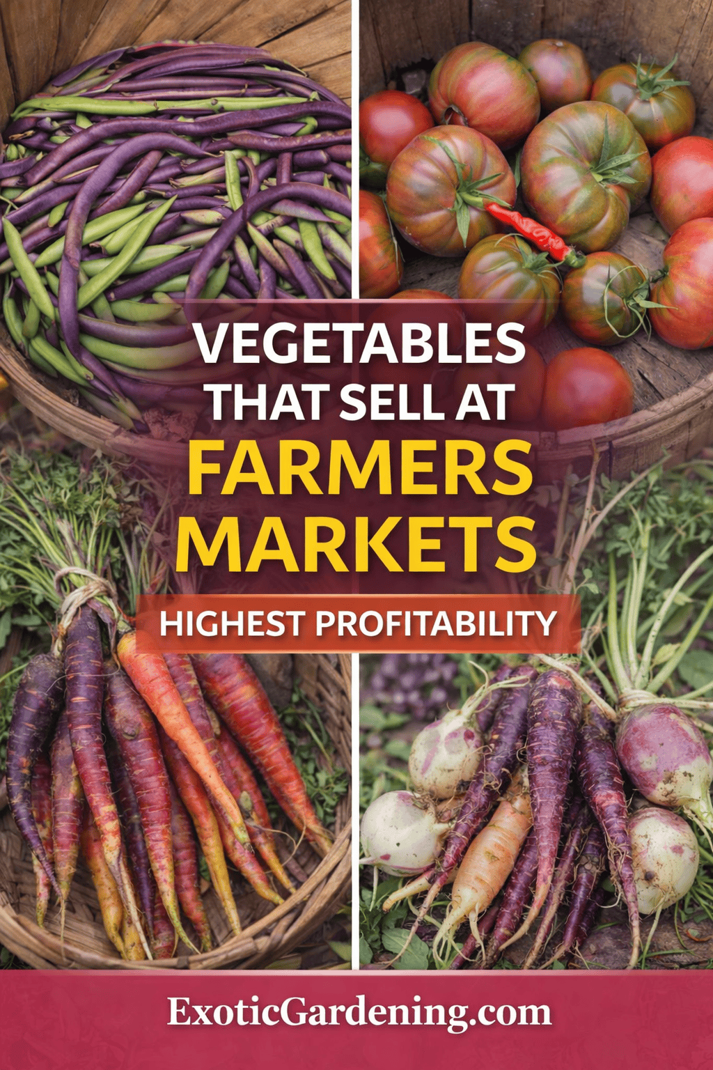 Pinterest graphic titled “Vegetables That Sell at Farmers Markets” featuring colorful carrots, heirloom tomatoes, purple beans, and watermelon radishes.