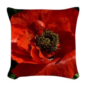 A red poppy on a throw pillow.